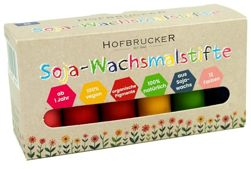 Hofbrucker 12 bunte Wachsmalstifte, Kinder & Baby-Buntstifte aus 100% natürlichem Sojawachs, Vegan & Ungiftig, ab 1 Jahr, Organische Pigmente ohne unnötige Zusatzstoffe (12 Sojastifte)