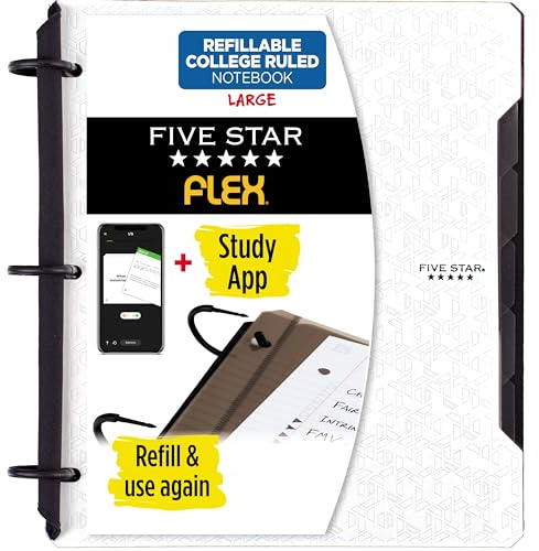 Five Star Flex Refillable Notebook + Study App, College Ruled Paper and 1 Inch TechLock Ring Binder with Pockets, Tabs and Dividers, 200 Sheet Capacity, White (29328AE2)