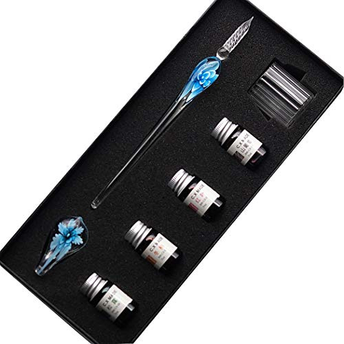 SIPLIV Handgefertigter Kristall Glas Intarsia Dip Füllfederhalter Set Kalligraphie Signaturen Stift mit 4 Farben Tinte, Stifthalter, Reinigungsbecher, Hellblau