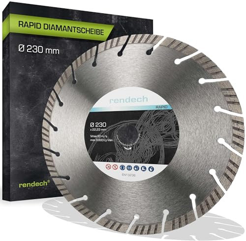 Turbo disco diamantato 230 mm per cemento armato, granito, pietra. Dischi diamantati con segmenti turbo da 10 mm | qualità del marchio rendech®