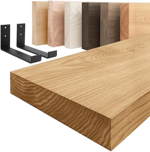LAMO Manufaktur Holzregal mit schwarzen J-förmigen Halterungen | Wand Regal 90 cm breit für Wohnzimmer, Küche, Büro im Industrial-Stil | Farbe: Rustikal, Kante: gerade | Massivholz, Vintage-Charakter