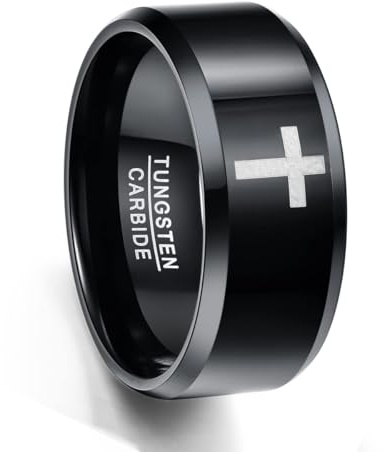 TUNGSTORY Wolfram Ring Herren 10mm Schwarz Kreuz Ring Christlicher Schmuck Größe 65(20.7)