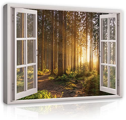 WallArena Leinwand Bilder 100x75 cm | Fensterbilck Wald Sonne Natur Landschaft, Format: 100x75 cm (BxH) - einteilig auf Canvas Leinwand. Das Leinwand Bilder