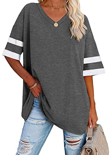 Famulily Ladies Oversized T Shirts Women Casual V Neck Striped Half Sleeve T Shirt UK Plus Size Dark Grey XL