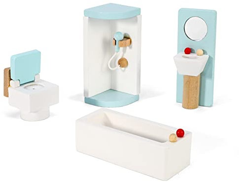 SOKA Wooden Bathroom Playset Pretend Play Doll House Furniture Set Realistic Miniature Display Model Figures Loo Bathtub Toilet Sink for Children Kids Girls Ages 3 year old +