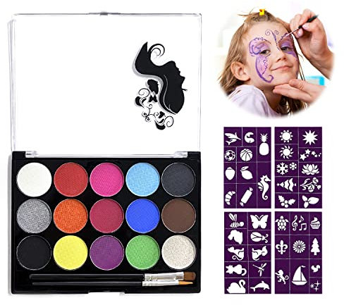 1 kit Maquillage Enfants (15 Couleurs) ; livré avec Pinceau Maquillage et modèle Motif, Couleurs Maquillage Professionnelles, Lavable, Maquillage Visage Corps ; Utilisation pour Carnaval,Halloween