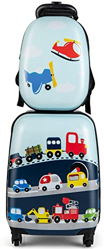 RELAX4LIFE Set Valigia Bambini 2 in 1 Veicoli Azzurro Navy (Trolley16 + Zaino 12) con Ruote 360°, Maniglia Regolabile, Zaino con Piedini | ABS Resistente | Ideale per Viaggi e Scuola