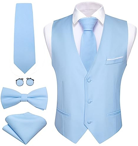 Barry.Wang Herren-Weste, formelle Business-Anzug, schmale Passform, lässig, einfarbig, Kleid, Weste, Krawatte, Fliege, Set, Hochzeit, Party, Himmelblau, Medium