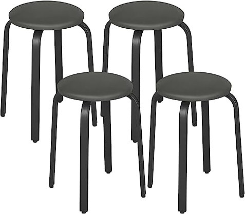 Lestarain 4er-Set Hocker stapelbar, Esszimmerhocker, Küchenhocker, Bürohocker mit Kunstlederbezug, Sitzhocker rund, Polsterhocker für Esszimmer Wohnzimmer, grau-schwarz, LCNI116001-4