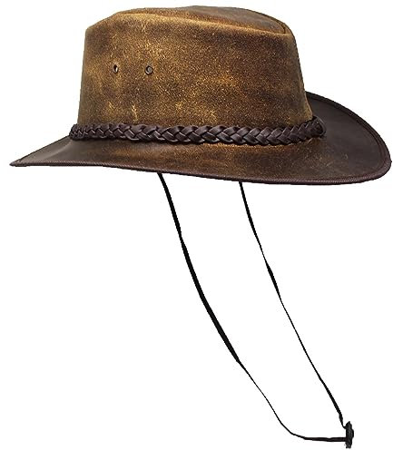 Herren Westernhut Outback Wasserdicht geölt knautschbar Leder Hut 4H08, Braun, Large (59 cm.)