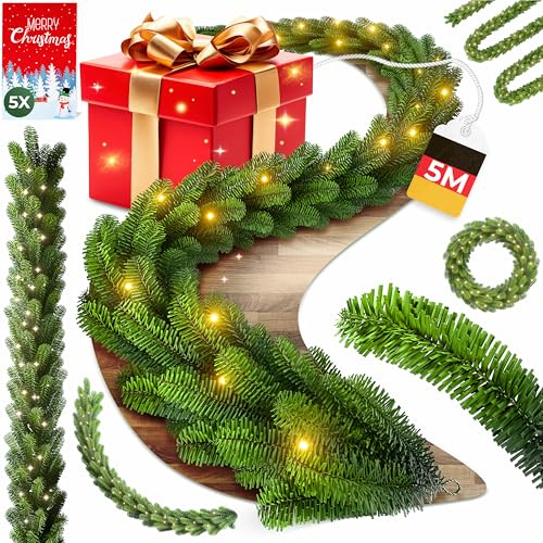 KESSER® Weihnachtsgirlande 5m mit Beleuchtung 100 LEDs - Timer - LED Kette 8 Leuchtmodi - Weihnachtsbeleuchtung - Weihnachtsdeko In & Outdoor - Tannen-Girlande inkl. Fernbedienung