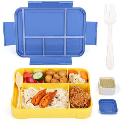 BELLE VOUS Brotdose Blau mit 6 Fächern & Besteck - 1330 ml Auslaufsichere Bento Box - Lunchbox Mikrowellengeeignet & Spülmaschinenfest - BPA-Freie Mittagessen Box für Schule, Büro & Unterwegs