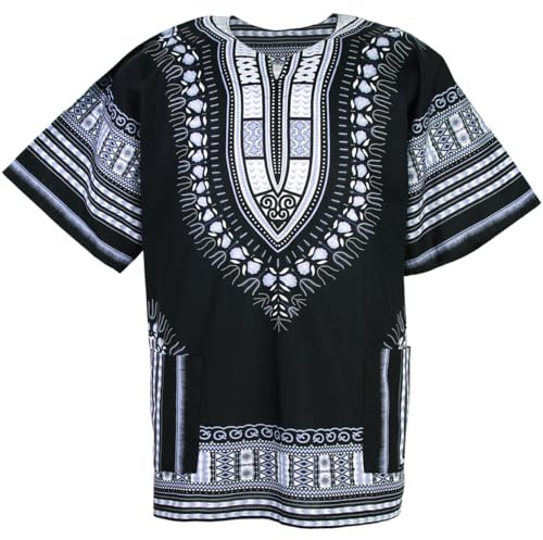 CHAINUPON Chemise africaine Dashiki en coton pour homme et femme, festival, bohème, hippie années 60 et 70, noir/blanc, Taille L