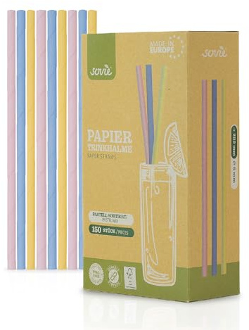 Mank Trinkhalme aus Papier, Papiertrinkhalme, Papier, Trinkhalme Umweltfreundlich, Robust & Vielseitig einsetzbar, Strohhalme (150, Pastell Gelb, Rosa, Blau sortiert, Ø 8 mm / 23 cm)