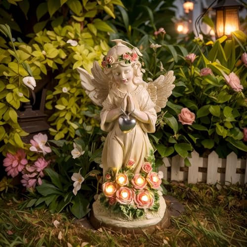 OKESYO Statue da giardino, angelo custode in preghiera, per esterni, con 14 LED, resistente alle intemperie, luce tomba, angelo solare, regalo per esterni, giardino, balcone, decorazione da giardino