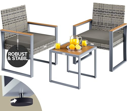 Casaria® Mobili Giardino Polyrattan Robusto e Acacia 160kg 2 Sedie Regolabili Cuscini Terrazza Balcone Lounge Set Tavolino con Poltroncine Esterno