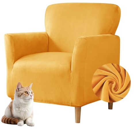 Highdi Stretch Sesselbezug Samt Sesselhusse Sesselschoner rutschfest mit Armlehnen, Sofa Überzug 1 Sitzer Sesselüberwurf für Relax-Sessel, Cocktailsessel, Clubsessel, Universal (Gold)