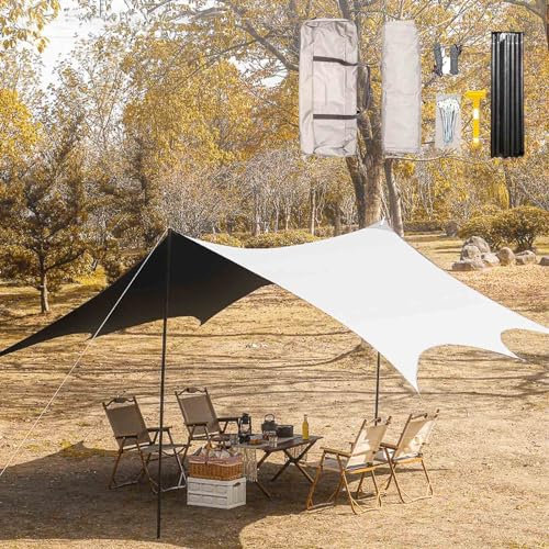 KAnduo Zeltplane 5.6x4.40M, Wasserdicht Zeltplane Ultraleicht Mit Stangen Regenschutz Sonnenschutz Für Ourdoor Camping Multifunktional(Rice-White,450x440x260mm)