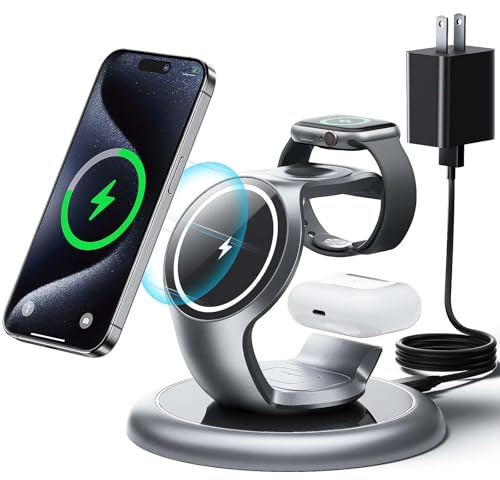 EXW 3 in 1 Mag-Safe Ladestation Kompatibel mit iPhone 17/16/15/14/13/12 Serie,Apple Watch 8/7/6/5/4/3/2/SE und AirPods 3/2/Pro((Mit 18W Stecker) (Schwarz)