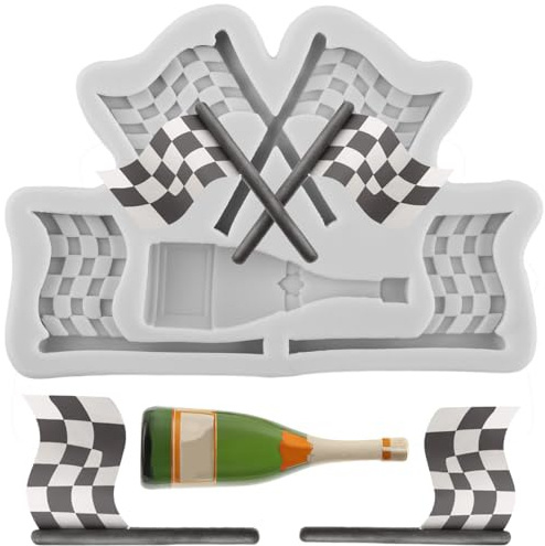 MINFEIDMS Racing Car Flag Silicone Moulds Champagne Bottle Fondant Moulds | Sugar Cake Decorating Cupcake Topper Chocolate Gum Paste Candy Polymer Clay