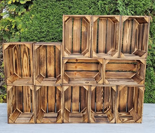 PYXIDAS Rustic Wooden Storage Boxes & Crates - Handmade Vintage Home Decor (Burnt effect 12 Crates, 30x20x15)
