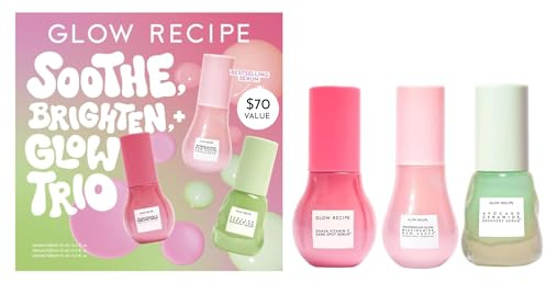 Glow Recipe Soothe, Glow & Bright Gift Set - Niacinamide Dew Drops Illuminating Primer & Avocado Ceramide Facial Serum & Guava Dark Spot Serum - Korean Skincare Travel Kit (3 Count)