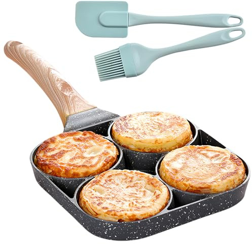 WEGREAT Poêle à œufs au plat - Poêle à crêpes à 4 trous avec revêtement anti-adhésif - Poêle à œufs avec brosse en silicone pour le petit-déjeuner, les œufs au plat, les hamburgers, pour cuisinière à