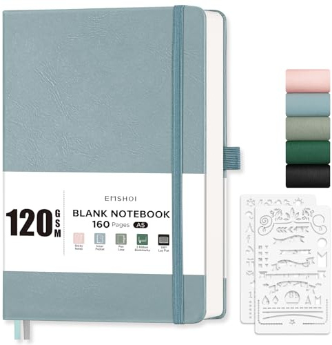 EMSHOI A5-Notizbuch, blanko, Tagebuch, 120 g/m², Hardcover, Leder, Skizzenbuch mit Kritzelschablone, 160 Seiten, unliniert, für Damen, Herren, Arbeit, Schule, Zeichnen, 14,5 x 21 cm, Graublau