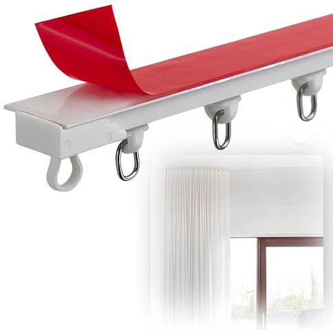 GUOGLZ Gardinenstangen Ohne Bohren Selbstklebende Vorhangschiene Für Decke Und Wand, Schiebe-Raumteiler-Gardienenschiene Mit Stummen Rolle(150cm/4.9ft)