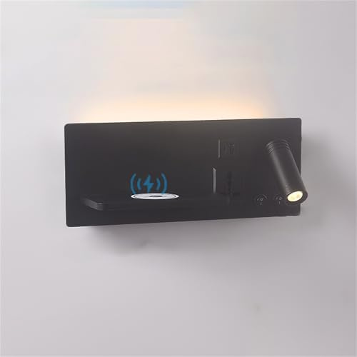 LED Lámpara de Pared Interior con Puerto Carga USB Apliques de Pared con Cargador Inalámbrico Luz de Pared 350° Giratoria con Interruptor Iluminación de Pared para Salón (Negro derecha,1 Pieza)