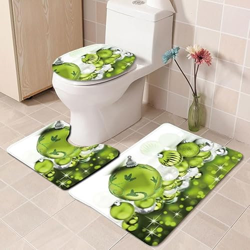 Bad Teppiche Set Grüner Weihnachtsball Badezimmerteppich Waschbar WC Vorleger mit Ausschnitt und WC Deckelbezug 3 Teilig Badematte rutschfest Toilettensitzbezug Badgarnitur 45x75 cm