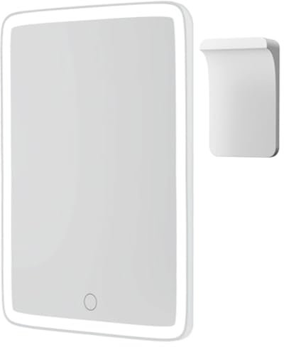 Mavoro Specchio da viaggio LED 17.5 x 22.5 cm ricaricabile | Piccolo specchio murale adesivo | Montaggio Peel & Stick illuminato | Vetro reale con sensore touch, base