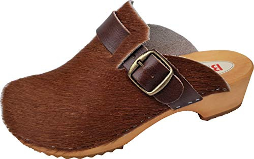 Generisch Unisex Schweden Holz Clogs - Pantolette Gr.34-35-36-37-38-39-40-41-42 *BRAUN* Echt Leder- Kuhfell