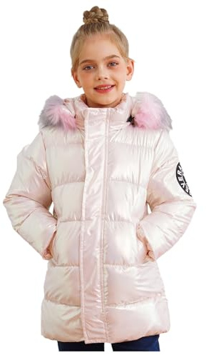 LiiYii Cappotto Invernale Bambina Ragazza Giacca con Cerniera e Cappuccio Antivento Giubbotti Metallici Lucidi Giacche da Neve con Due Tasche Autunno Inverno Rosa 11-12 anni