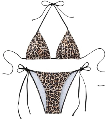 GORGLITTER Damen Leopardenmuster Triangel Neckholder Tanga Bikini Set Zweiteiler High Waist Bademode 2 Teiler Leo M