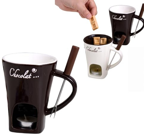 Tazza per fonduta di cioccolato, 200 ml, set per fonduta di cioccolato in porcellana con forchette, set scalda-candela, in ceramica resistente al calore, con forchette, per caramelle, snack, feste al