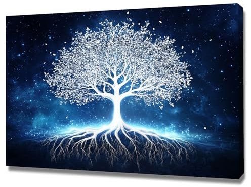 WUFIEA Albero Della Vita Quadri, Albero argento notte stellata Decorazione Murale Camera da letto Soggiorno Quadro - 60x90cm Incorniciato(blu navy)