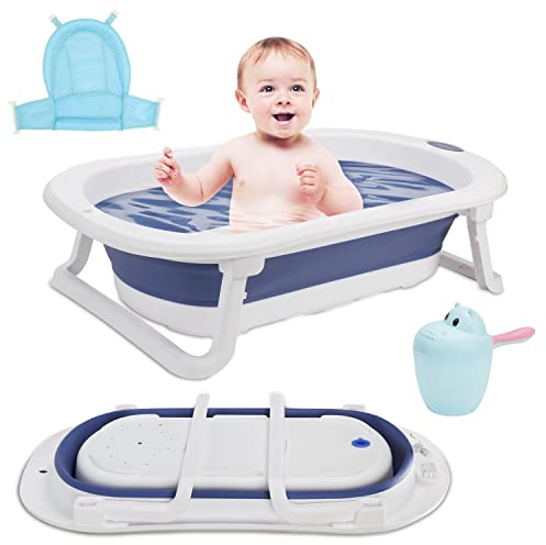 Ollewiellan Babybadkar vikbart, 3-i-1 babybadkar med temperatursensor | badmatta | Baby-hårtvättskopp, ergonomiskt bärbart badkar baby för spädbarn från 0–6 år, blå