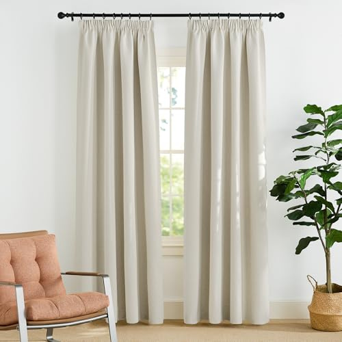 PONY DANCE Beige Gardinen mit Kräuselband 2er Set Thermovorhang Schiene | 2er Set, H220 x B140 cm, Abdunkelnde Vorhänge, Hitzeschutz, Sichtschutz, für Schlafzimmer Wohnzimmer Kinderzimmer Büro