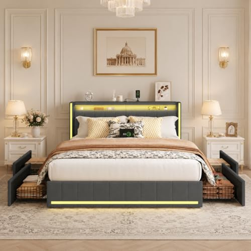 Polsterbett 140x200 cm mit USB-Ladefunktion & LED-Kopfteil, Stauraumbett mit 4 Schubladen, Jugendbett Doppelbett inklusive stabilem Lattenrost aus Holz, ohne Matratze (Dunkelgrau+kariert, 140X200CM)