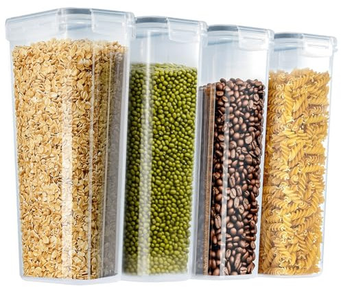 Cereal Storage Container Sets Airtight Dry Food Dispenser Containers Stackable Kitchen Storage Boxes Plastic Pantry Organization with Lock Lids Leakproof for Flour Sugar Pasta (4pcs, 2.8L)