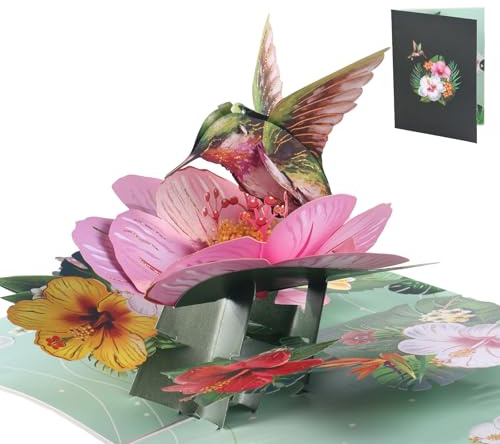 DOCEPERT Pop-up födelsedagskort för kvinnor, kolibri och blomkort, popup-jubileumskort, roliga 3D-presentkort för mamma, mormor, mormor, fruar och flickor