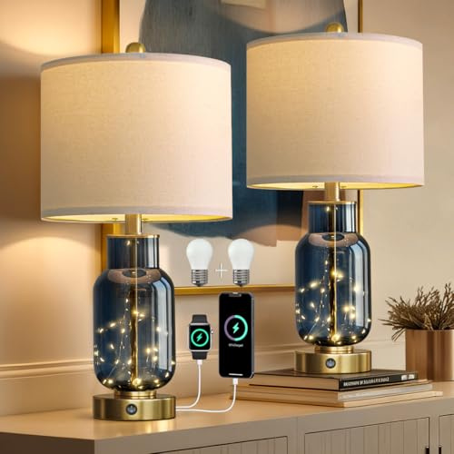 Oneach 22 Glass Table Lamps Set of 2, Blue Modern Bedside Lamp with LED Night Light for Living Room, Nightstand Lamp with USB Ports for Bedrooms, Study Room, End Table(2 Bulbs Included)