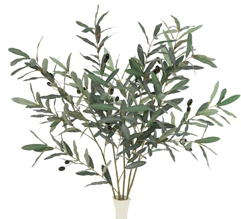 DuHouse 5Pcs Artificial Olive Branches 35 Inch – Tall Faux Greenery Stems Olive Tree Branches for Vases, Home Decor, Centerpieces, Wedding & DIY Floral Arrangements