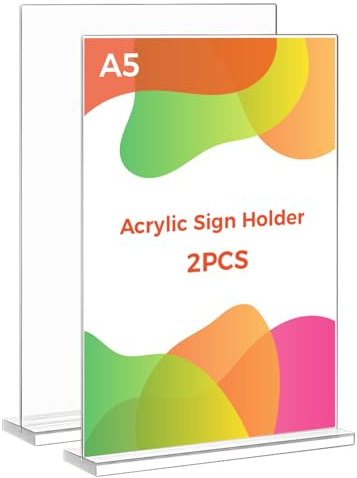 Thboxes A5 Acrylic Sign Holder, 2 Pack T-Shaped Double-Side Display Stand Poster Holder Clear A5 Menu Holders for Office, Hotel Store Restaurant
