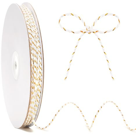 KINGLAKE White Cotton String with Gold Twine, 2mm 100m Christmas String for Gift Wrapping, Glitter Metallic Bakers Twine for Crafts Xmas Decoration Hanging Baubles