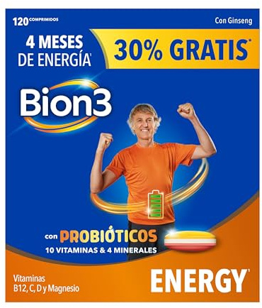Bion3 Energy Comprimidos Multivitamínicos con Probióticos, Complemento Alimenticio, Reducción de la fatiga¹, Vitamina C, D, Complejo B y Magnesio