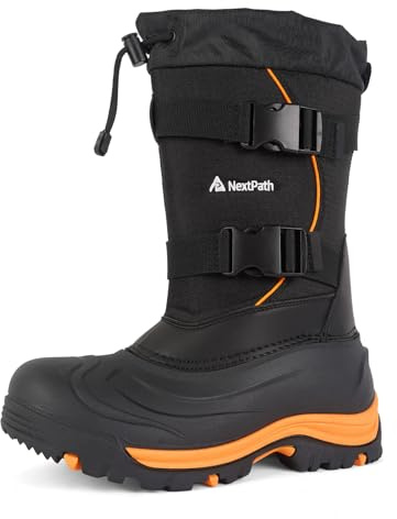 Nextpath Men's Snow Boots 14 inch Snow Boots For Men Waterproof Insulated Mens Winter Work Boots with Removable Liner Black Winter Boots Black-Orange-Buckle 7