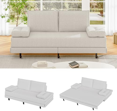 Schlafsofa, ausklappbar, 2-Sitzer, 90/180 x 200 cm, mit gepolsterter Rückenlehne, klappbarer Matratze, Leinenoptik, ausziehbare Bank, ideal für Wohnzimmer & Gästezimmer (beige)