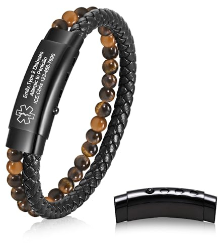 Gamtic Armband Herren Lederarmband Personalisierte Notfallarmband - Verstellbare Medizinisches Alarm SOS Armband mit Gravur Name Telefonnummer Notruf Armbänder für Herren